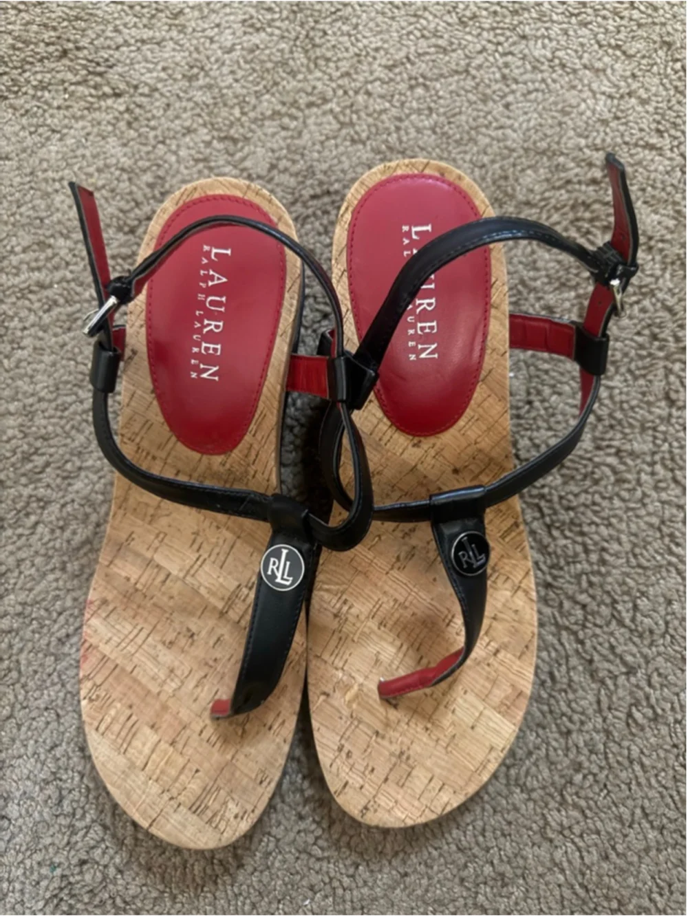 Women's Lauren Ralph Lauren Black Red Reeta Cork Wedge Sandals 8.5